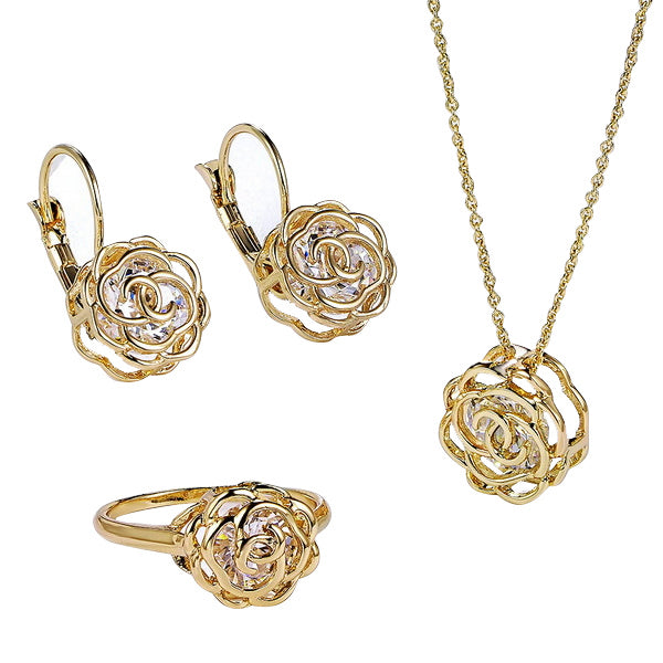 Rose Is A Rose Set Of Ring,Earrings and Pendant With Chain In 18kt Rose Crystals In White Yellow And Rose Gold Plating