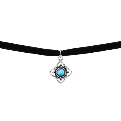 Silver Oxidised Flower Opal Choker  Necklace