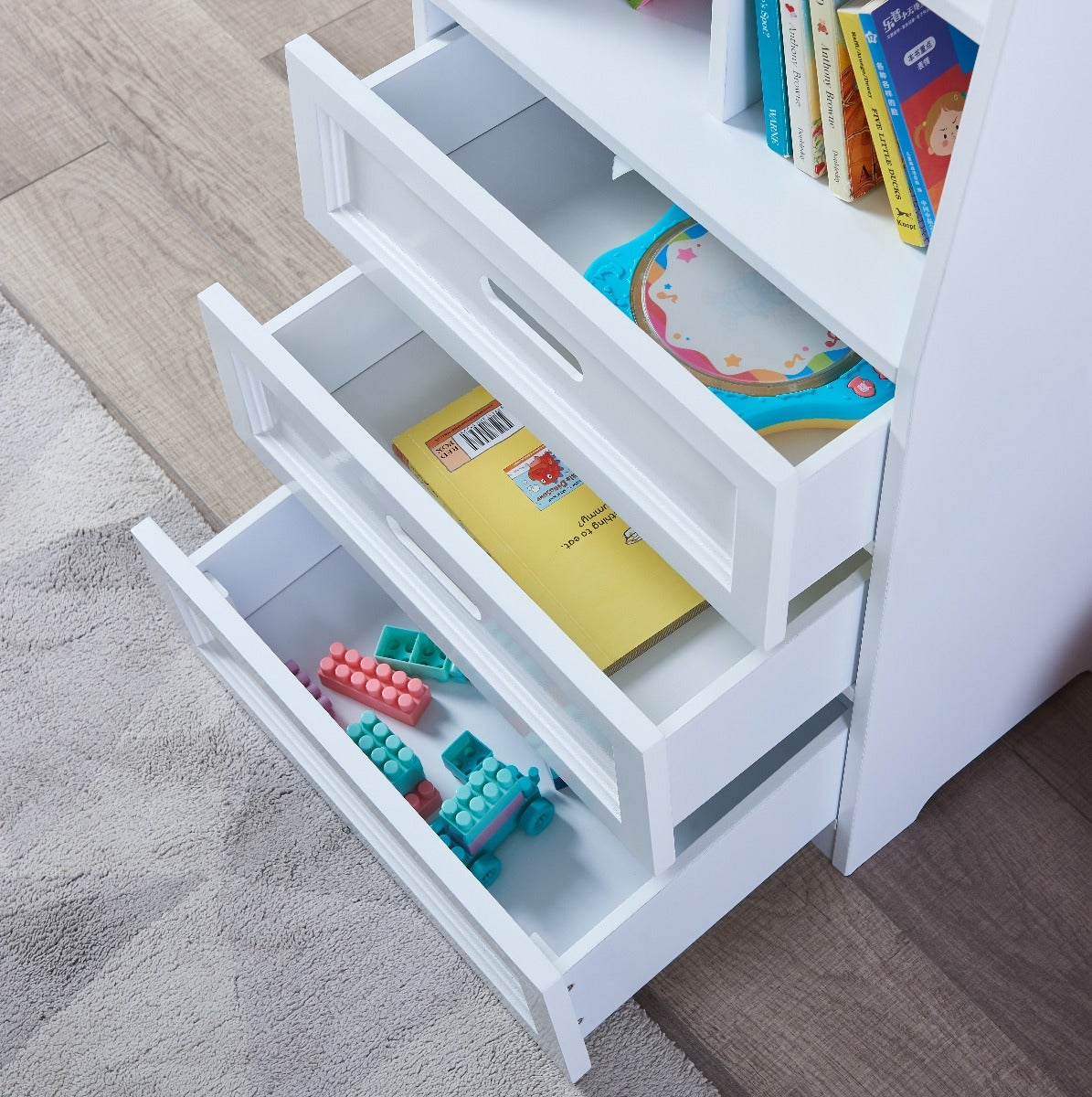 Tall white bookcase with toy storage  | Kids bookcase