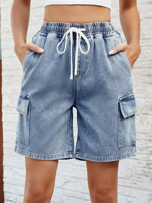 Drawstring Denim Shorts with Pockets