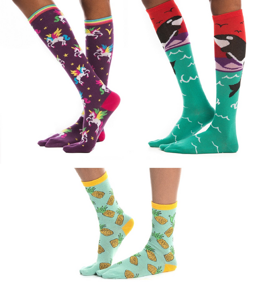 3 Pairs - Orca and Unicorn Over The Calf, Pineapple Crew Flip-Flop V-Toe Tabi Socks