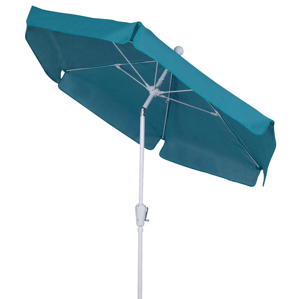 7.5' Hex Home Garden Tilt  Umbrella 6 Rib Crank White with Teal Vinyl Coated Weave Canopy