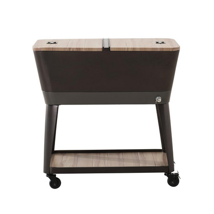 80-Quart Wood Grain Metal Rolling Ice Chest Cooler Cart with Storage Shelf