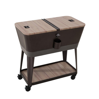 80-Quart Wood Grain Metal Rolling Ice Chest Cooler Cart with Storage Shelf