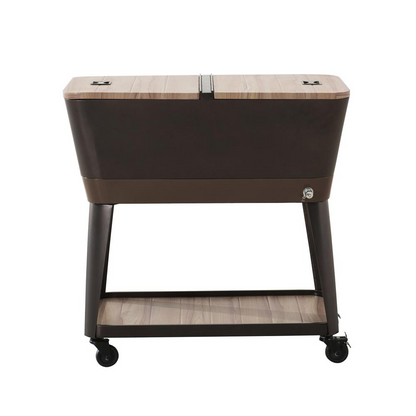 80-Quart Wood Grain Metal Rolling Ice Chest Cooler Cart with Storage Shelf