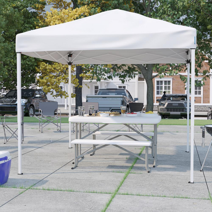 8'x8' White Pop Up Event Canopy Tent with Carry Bag and Folding Bench Set - Portable Tailgate, Camping, Event Set