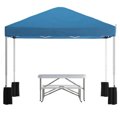 10'x10' Blue Pop Up Event Canopy Tent with Wheeled Case and Folding Bench Set - Portable Tailgate, Camping, Event Set