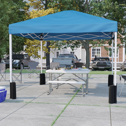 10'x10' Blue Pop Up Event Canopy Tent with Wheeled Case and Folding Bench Set - Portable Tailgate, Camping, Event Set