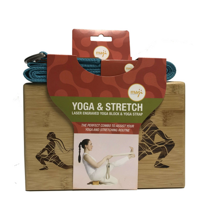 Maji Sports Laser Engraved Bamboo Yoga Block & Strap Combo