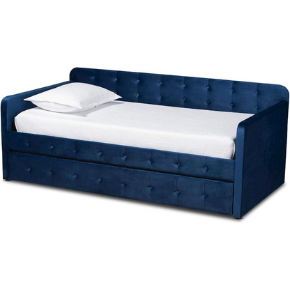 Jona Modern and Contemporary Transitional Navy Blue Velvet Fabric Upholstered and Button Tufted Full Size Daybed with Trundle