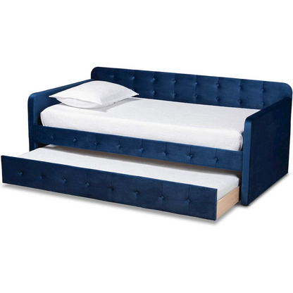 Jona Modern and Contemporary Transitional Navy Blue Velvet Fabric Upholstered and Button Tufted Full Size Daybed with Trundle