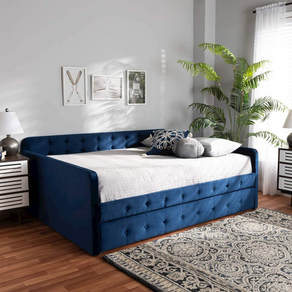 Jona Modern and Contemporary Transitional Navy Blue Velvet Fabric Upholstered and Button Tufted Full Size Daybed with Trundle