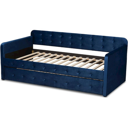 Jona Modern and Contemporary Transitional Navy Blue Velvet Fabric Upholstered and Button Tufted Full Size Daybed with Trundle