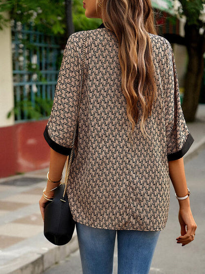 Geometric Print Notched Blouse