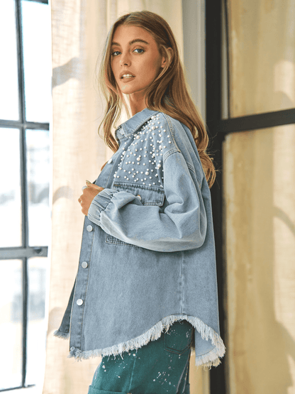 Collared Neck Raw Hem Dropped Shoulder Denim Jacket