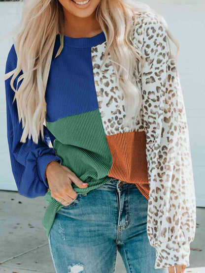 Color Block Leopard Round Neck Sweatshirt